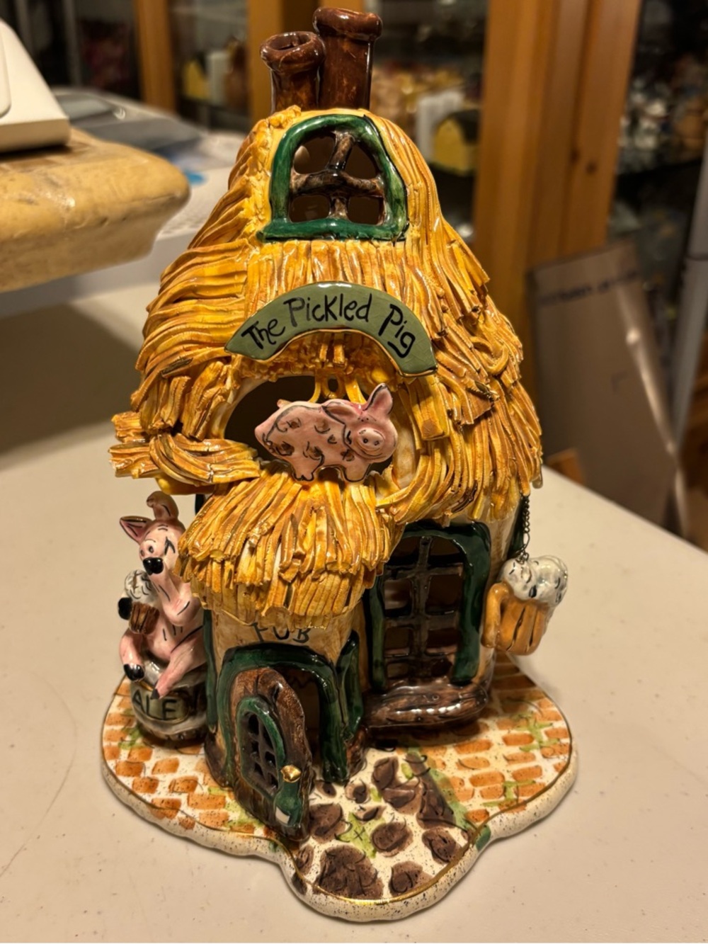 The Pickled Pig Ceramic Cottage Figurine - Yellow & Green blue sky